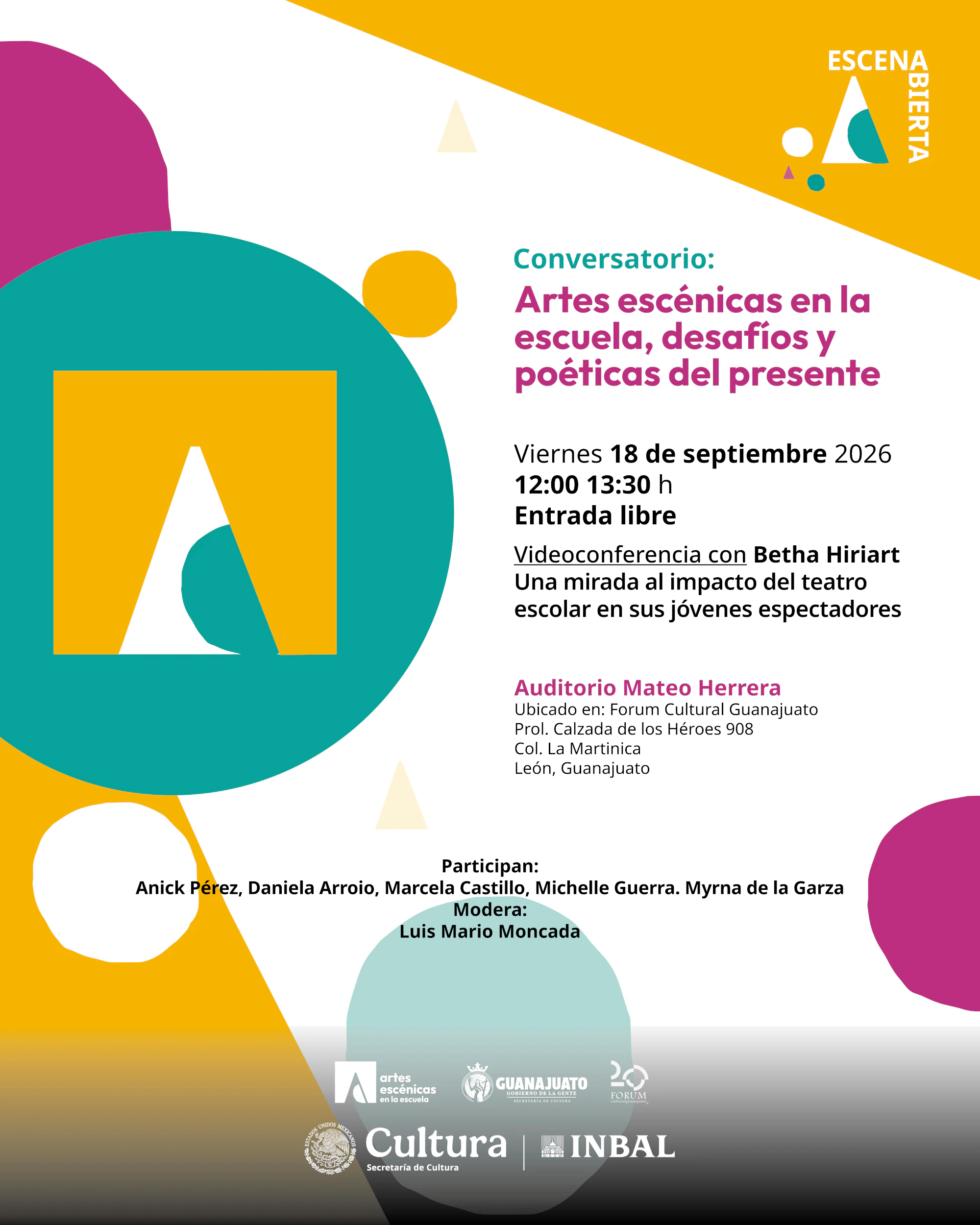 Postal del conversatorio Artes escénicas en la escuela, desafíos y poéticas del presente