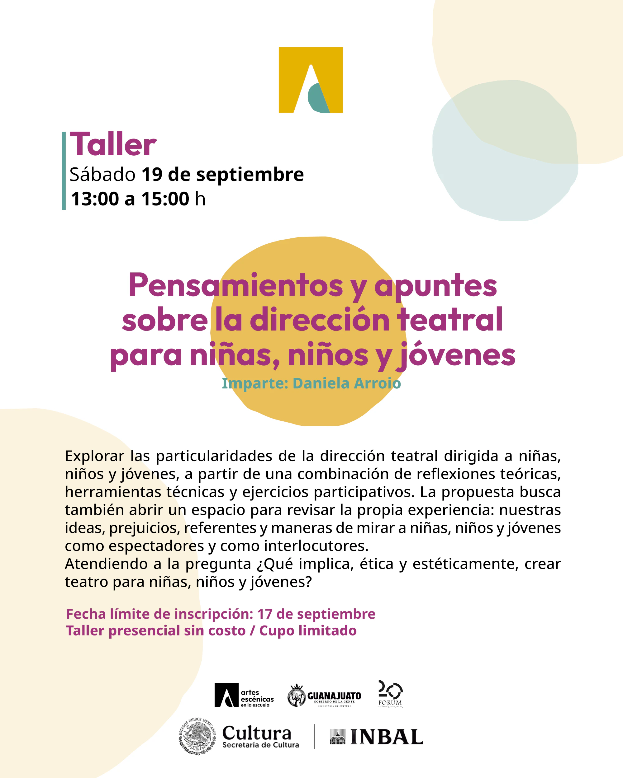 Postal del taller Pensamientos y apuntes sobre la dirección teatral para niñas, niños y jóvenes
